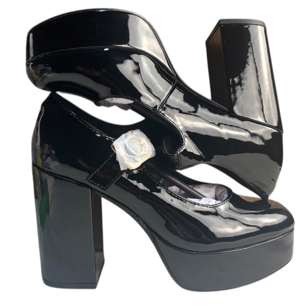 Coutgo Platform Block Heel Mary Janes Strap Buckle Black Patent Dress Shoes Sz 6
